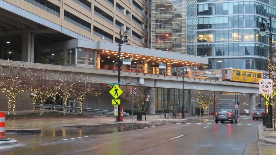 Cadillac Center station with a train, built into the One Campus Martius garage (2024)