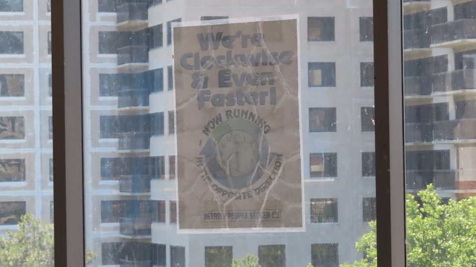 The “Clockwise & Even Faster” poster announcing the 2008 change of direction (photo: 2022)