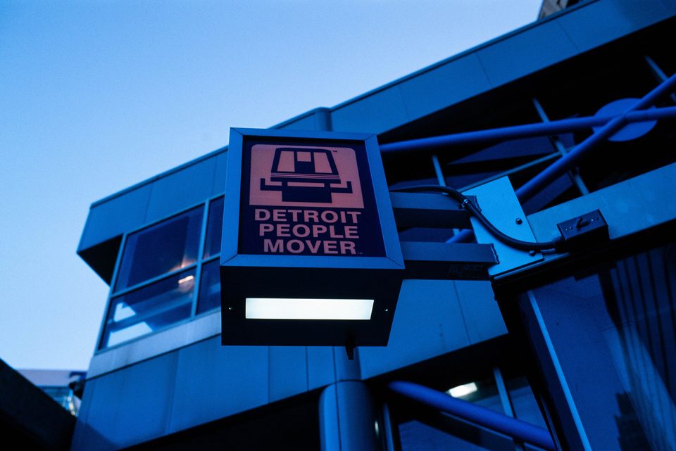 People Mover sign on a station’s blue steel frame