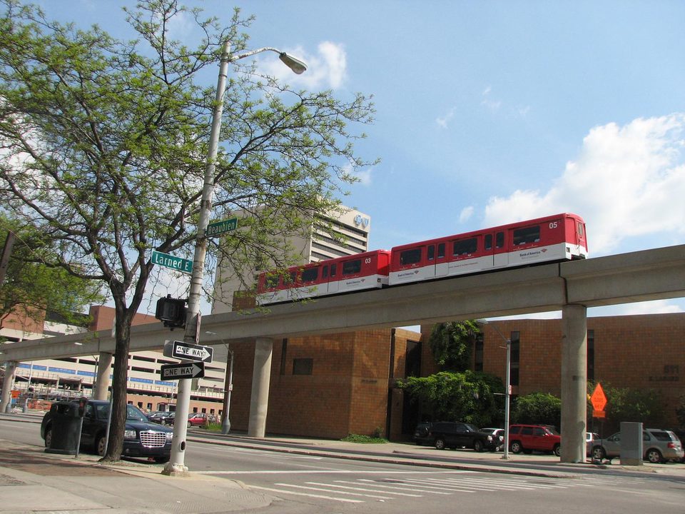 A red advertising-wrapped train in 2008
