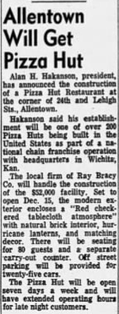 A 1967 newspaper item on a new Pizza Hut: red checkered tablecloths, seats for 80