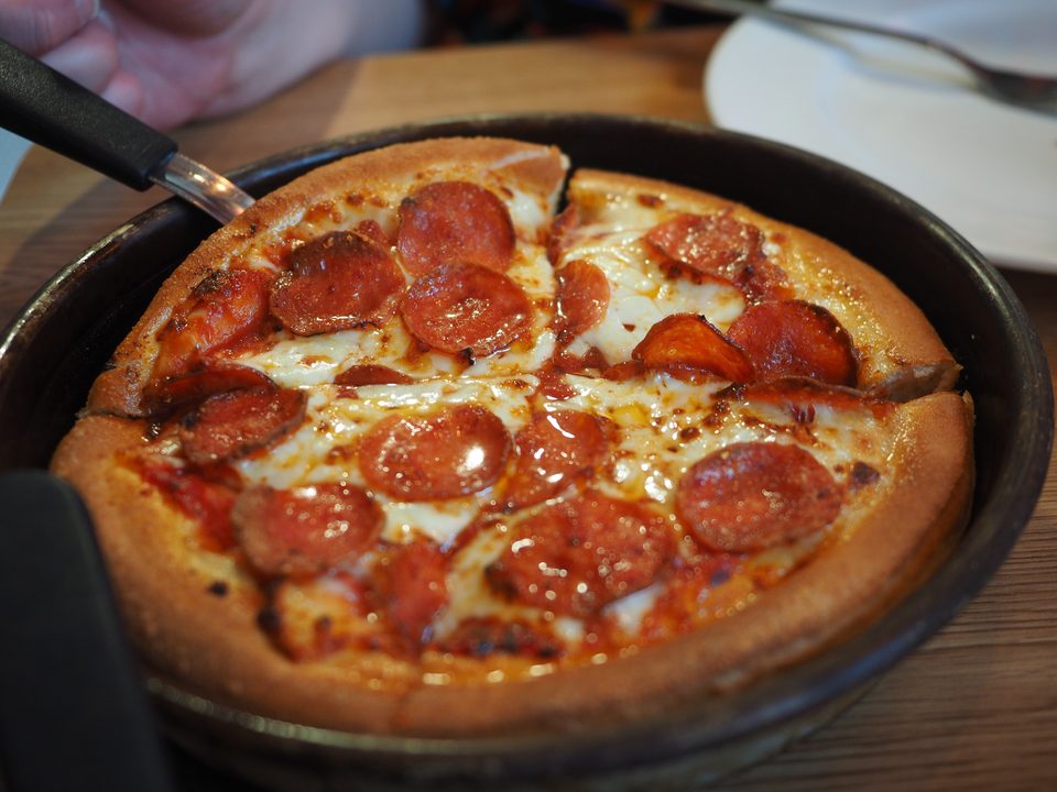 A pepperoni Pan Pizza served in its pan