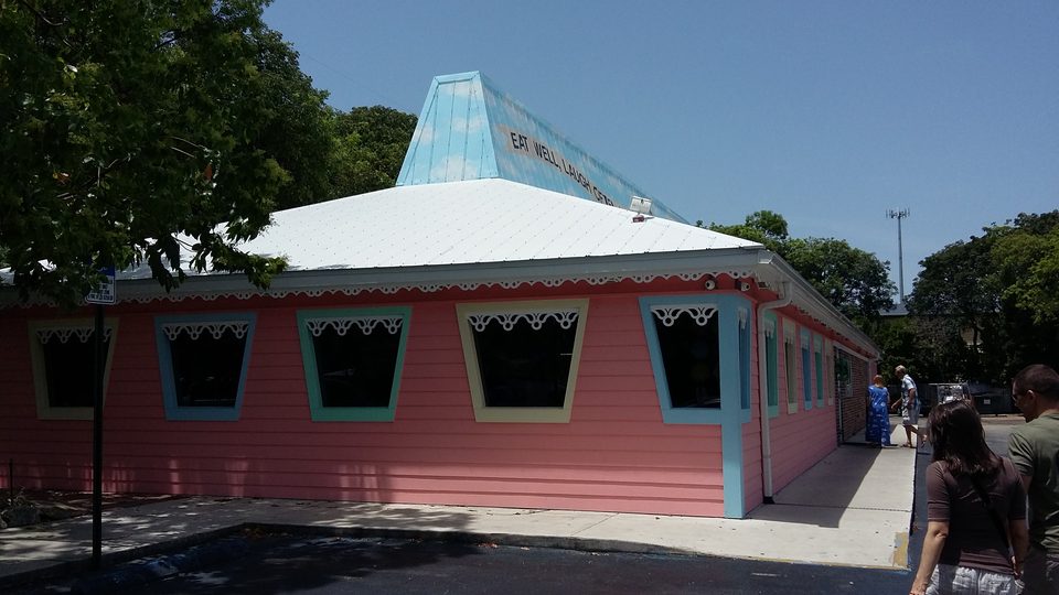 A pink-painted former Pizza Hut, now a diner, Key Largo, Florida