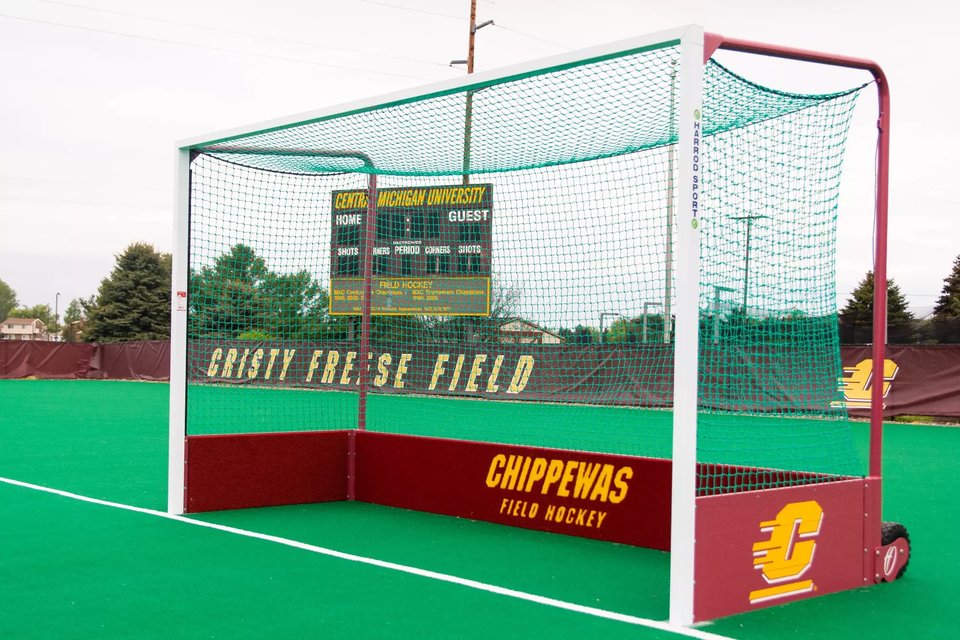 A Chippewas goal on the green turf with the scoreboard behind it
