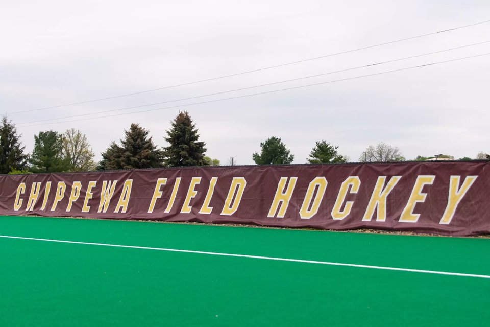 Chippewa Field Hockey banner along the edge of the field