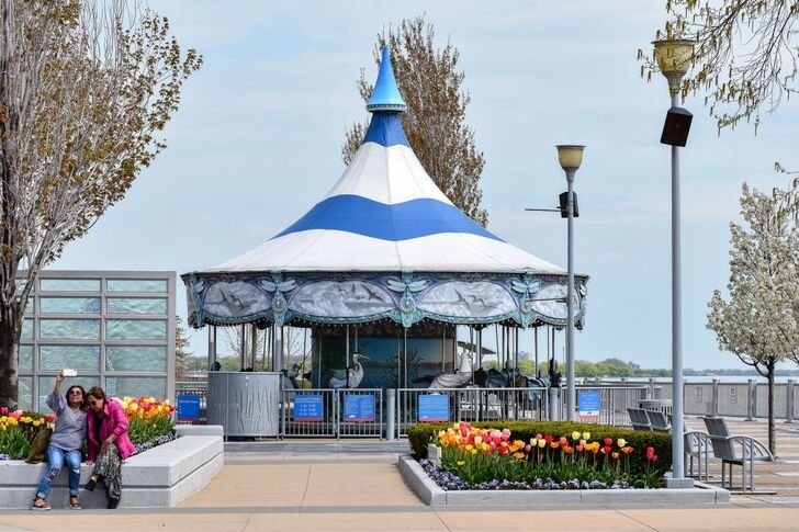 The Cullen Family Carousel with spring tulip beds
