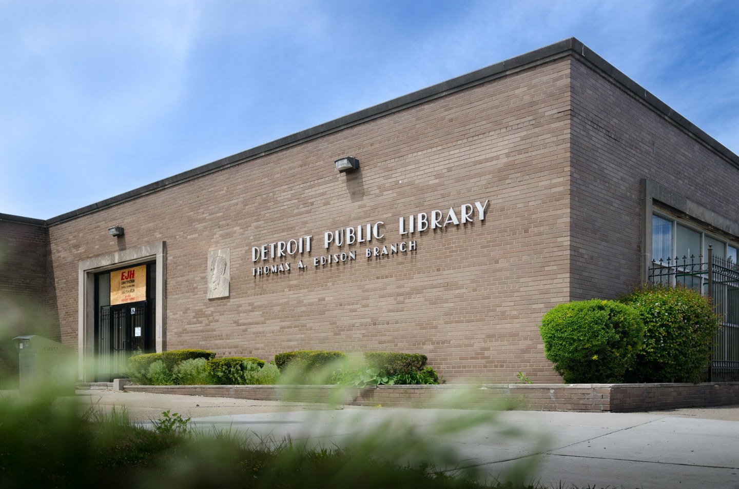The Thomas A. Edison branch's brick front with its Detroit Public Library lettering