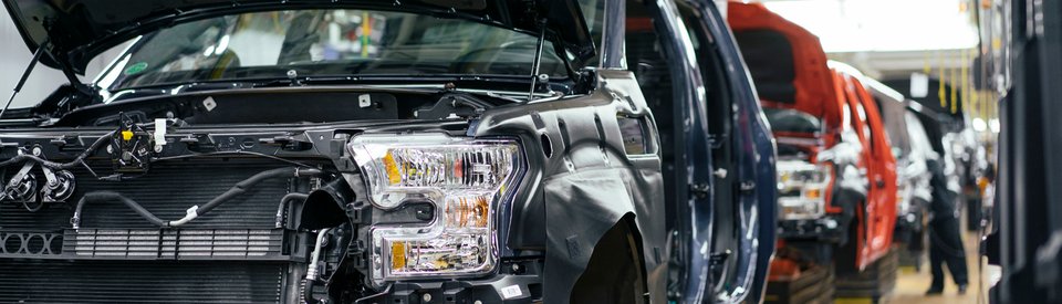 The F-150 assembly line inside the Dearborn Truck Plant, seen from above