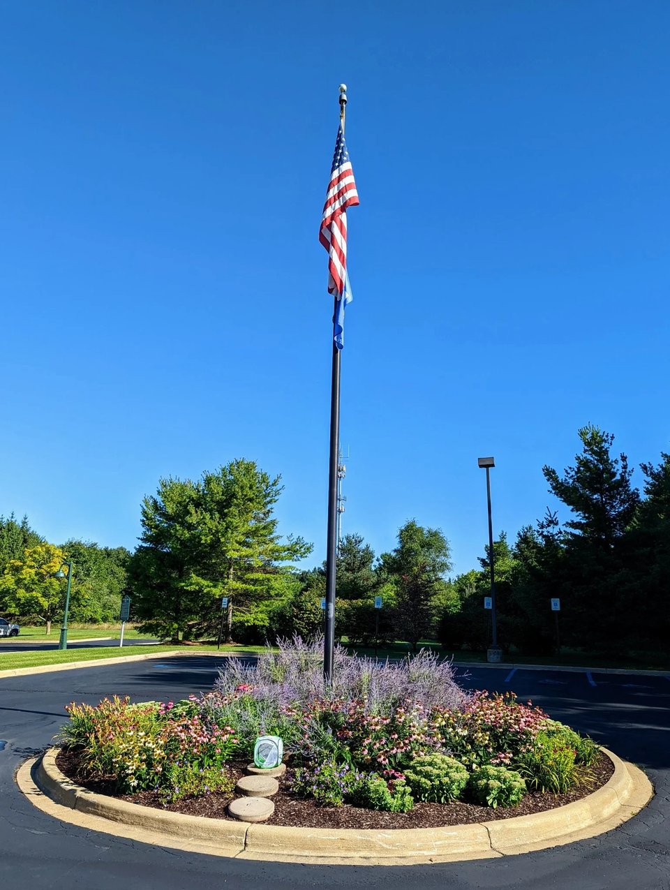 Flagpole and flower bed on the library's front drive loop, with pines behind