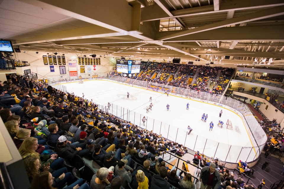 Full stands and the rink from above during a Michigan Tech hockey game, January 2018