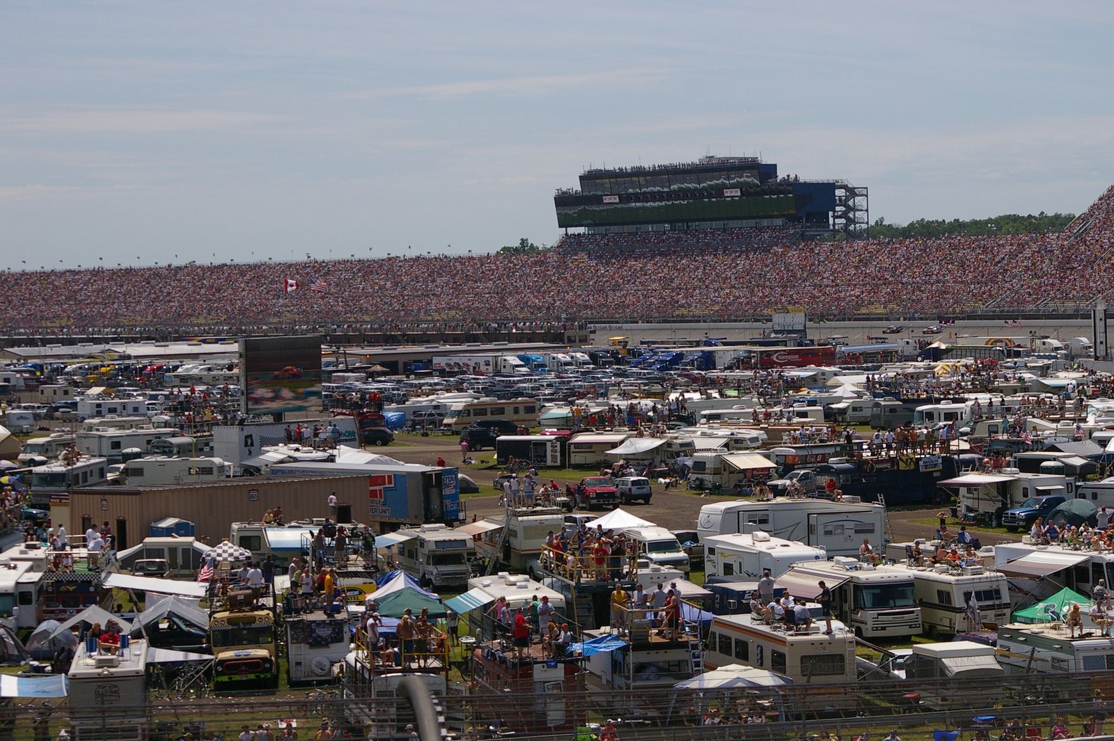 Infield packed with RVs and the full front-stretch grandstand seen from Turn 3, 2008