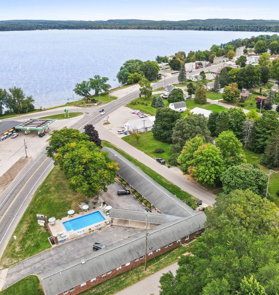Aerial view of the motel along the road with Bear Lake behind it