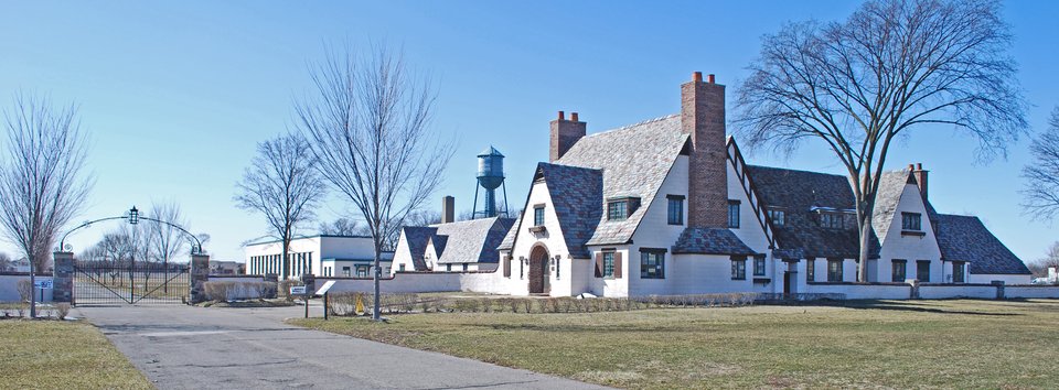 The gateway complex and entrance drive on a sunny winter day