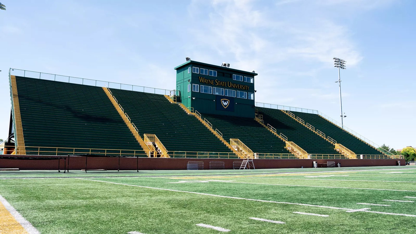 The Tom Adams Field home stands and press box from the field
