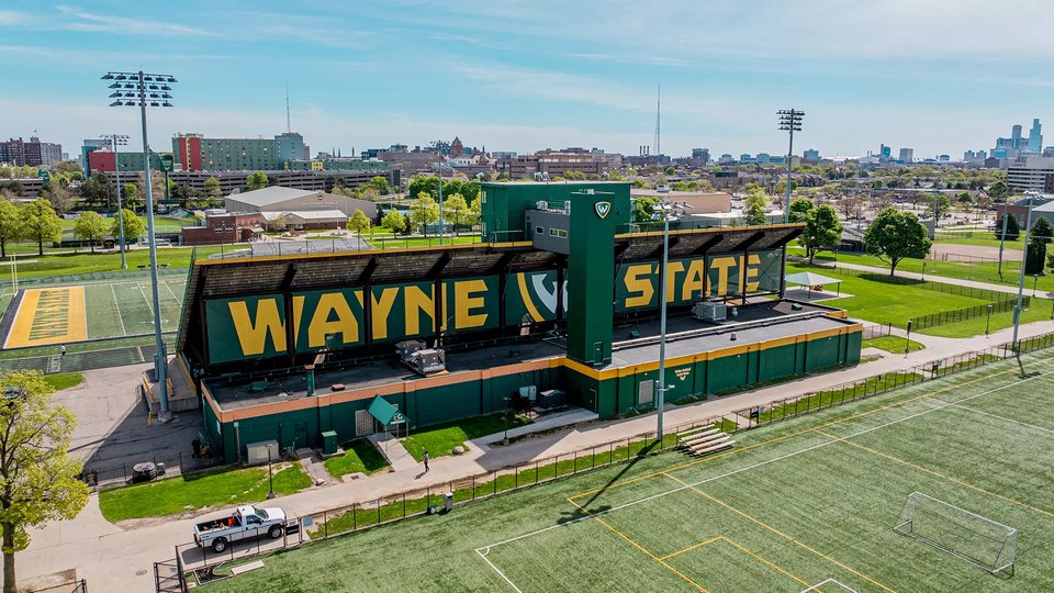 The Wayne State stands from above, with downtown Detroit in the background