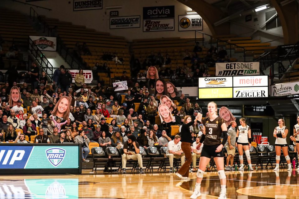 Broncos players and a full crowd at University Arena