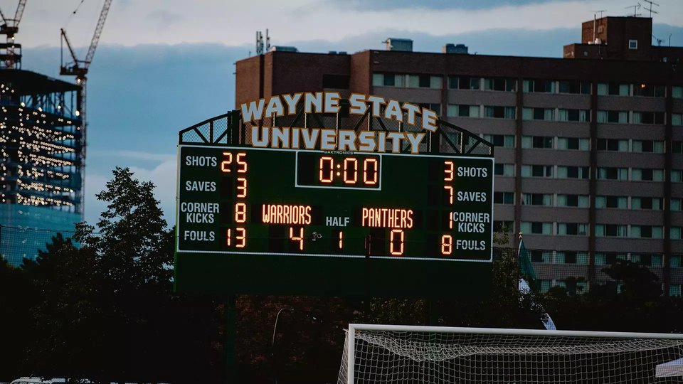The scoreboard at the women's team's first home match, September 2026