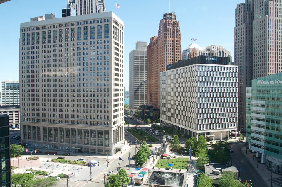 Campus Martius Park from above, with the Civil War monument and the downtown towers (2012)