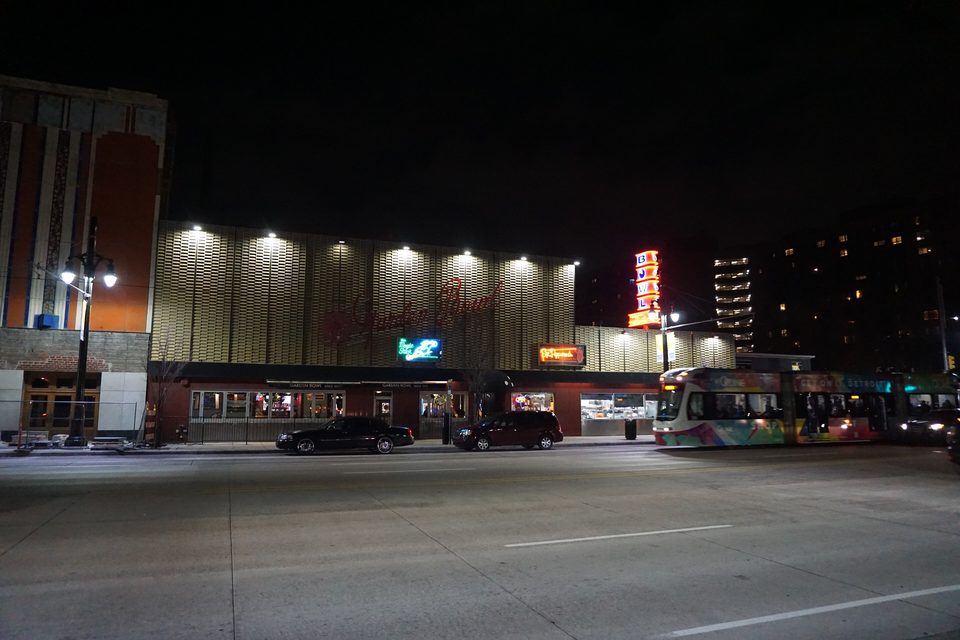 An evening streetcar outside the Majestic and Garden Bowl (2018)