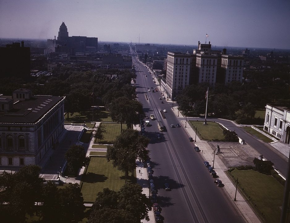 Woodward Avenue looking north from the Maccabees Building, the Fisher Building in the distance, July 1942 (Arthur S. Siegel, Office of War Information)