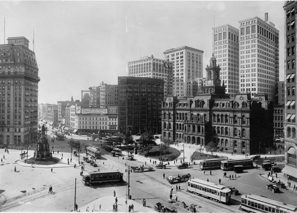 Campus Martius in the early 1900s, full of streetcars (Detroit Publishing Co.)