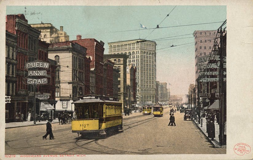 A streetcar on Woodward Avenue on a vintage postcard
