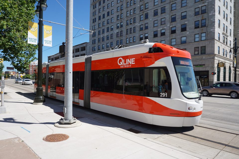 Car 291 in Midtown among Wayne State University banners (2018)