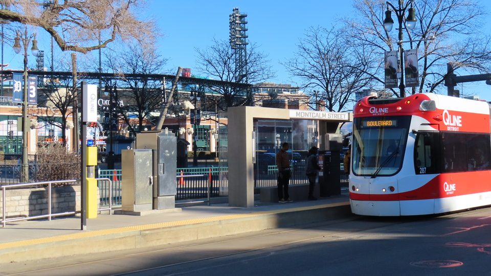 The Montcalm Street stop, with Comerica Park behind (2023)