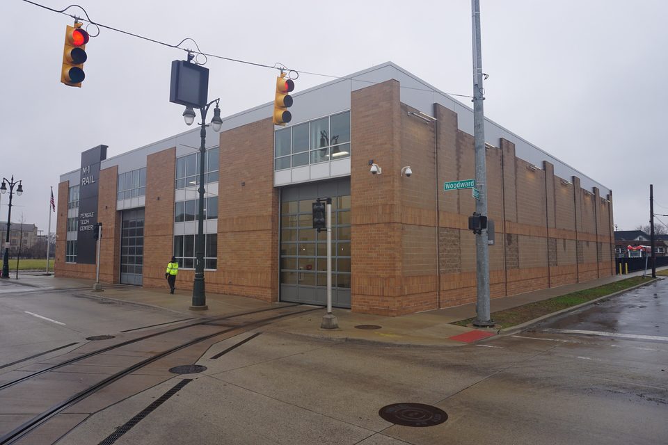 The M-1 Rail Penske Tech Center on Woodward, north of Grand Boulevard (2021)
