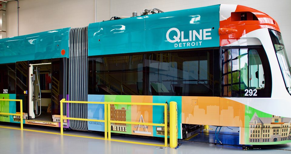 Car 292 in the maintenance hall in its colorful Detroit-landmarks wrap, eleven days before opening (May 2017)