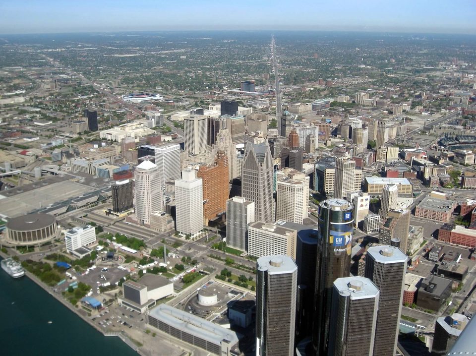Aerial view of downtown and the Renaissance Center, July 2008