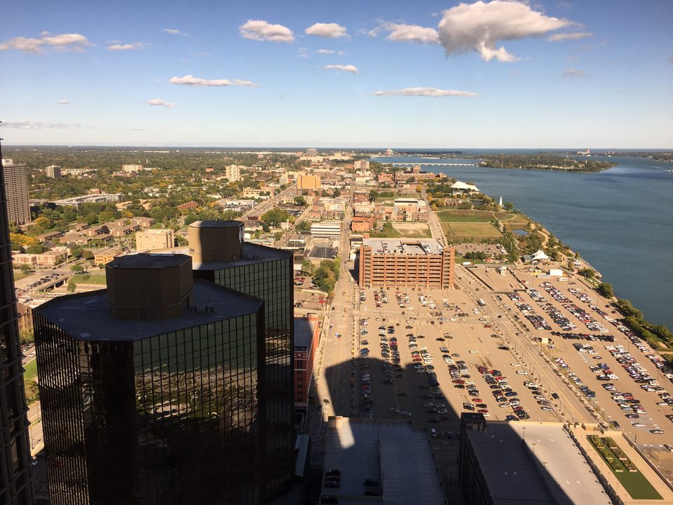 Looking east from the Marriott’s 42nd floor in 2018: towers 500 and 600 with the east riverfront land beyond