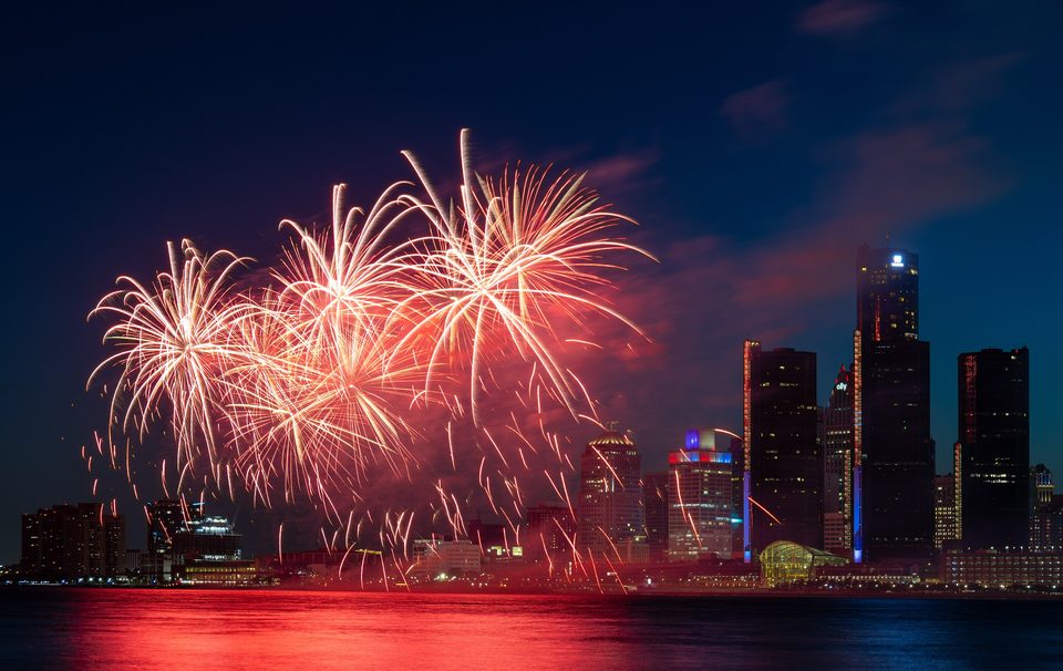 The Ford Fireworks on June 23, 2025, from Windsor, with the Renaissance Center on the right