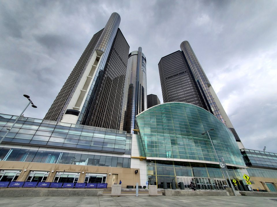 The Wintergarden’s glass vault and the towers from the riverside GM Plaza, May 2022