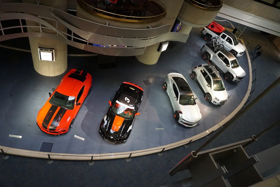 GM cars in the showroom below the circulation ring, December 2015