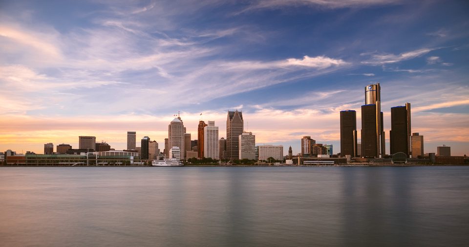 Sunset over the Detroit skyline with the Renaissance Center towers on the right, shot from Windsor in September 2015