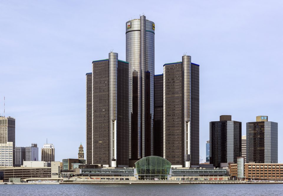 The Renaissance Center from the south, across the river, December 2014: a high-resolution image stitched from 42 frames