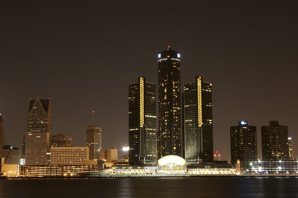 The Renaissance Center and the downtown lights at night, seen from Windsor, November 2005