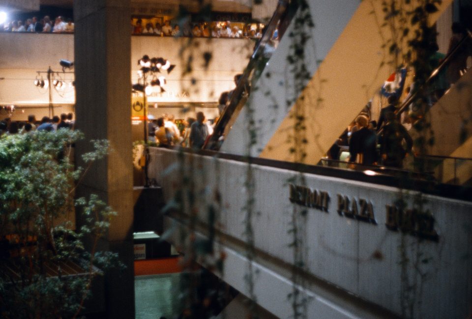 The Detroit Plaza Hotel sign and crowds on the escalators in July 1980, during the Republican National Convention; that was the name of today’s Marriott back then