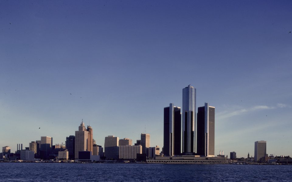 Detroit from the water in December 1979, photographed by Budapest-born Balthazar Korab: the Renaissance Center towers rule the shore, before the two shorter east towers went up in 1981