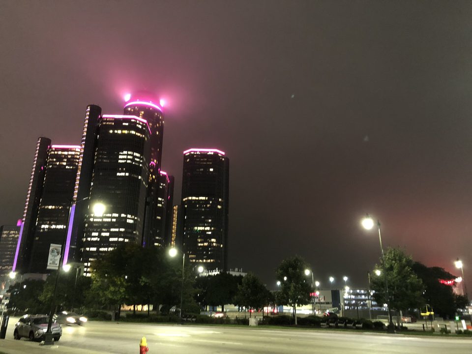 A foggy night, the towers’ pink lights glowing in the mist (2018)