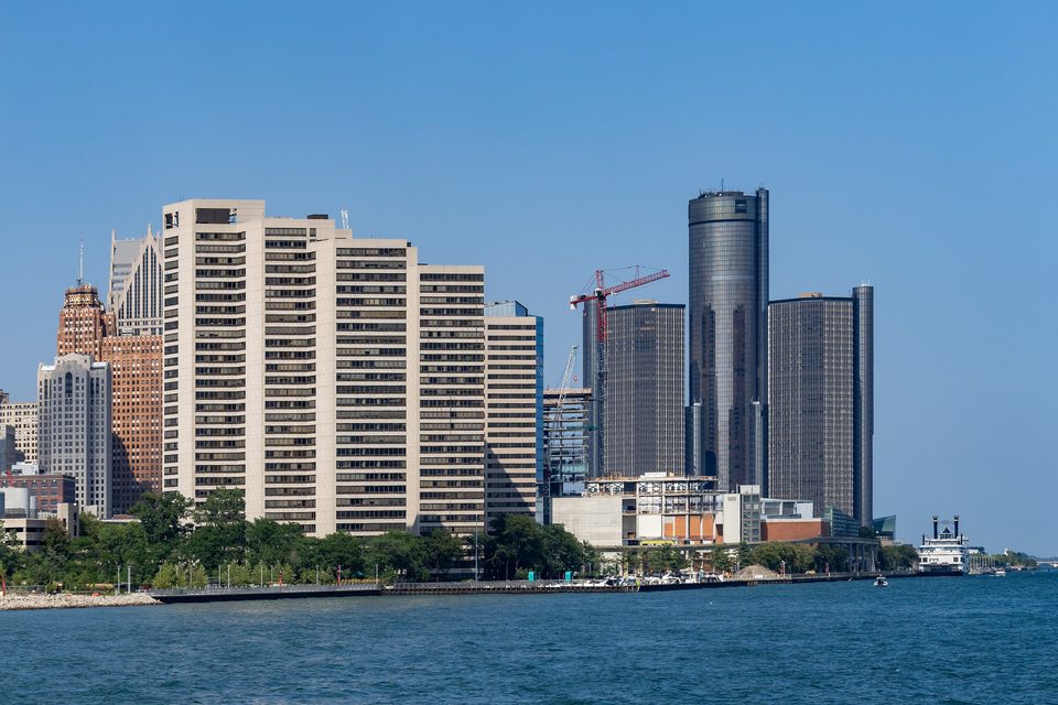 Riverfront Towers and the Renaissance Center from the river, July 2025