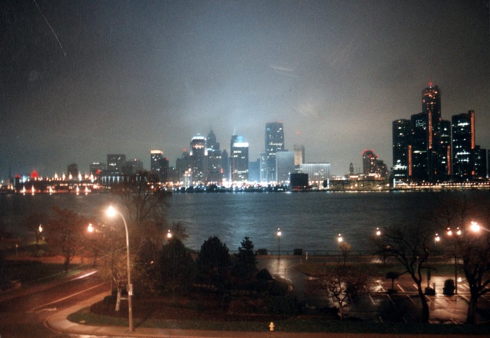 Detroit’s night skyline from Windsor in August 1996, with the Renaissance Center on the right