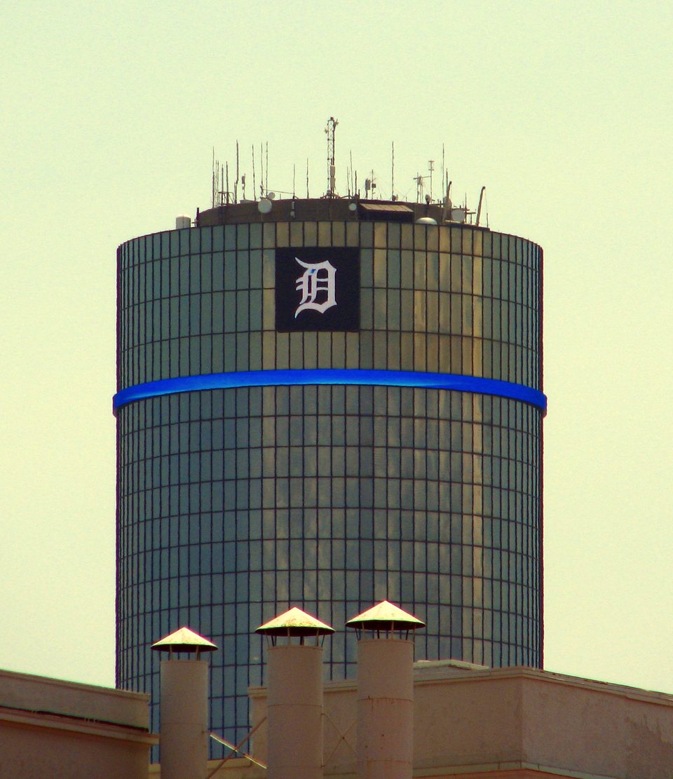 The Tigers’ “D” on top of the hotel cylinder on June 26, 2011, when Sparky Anderson’s number was retired
