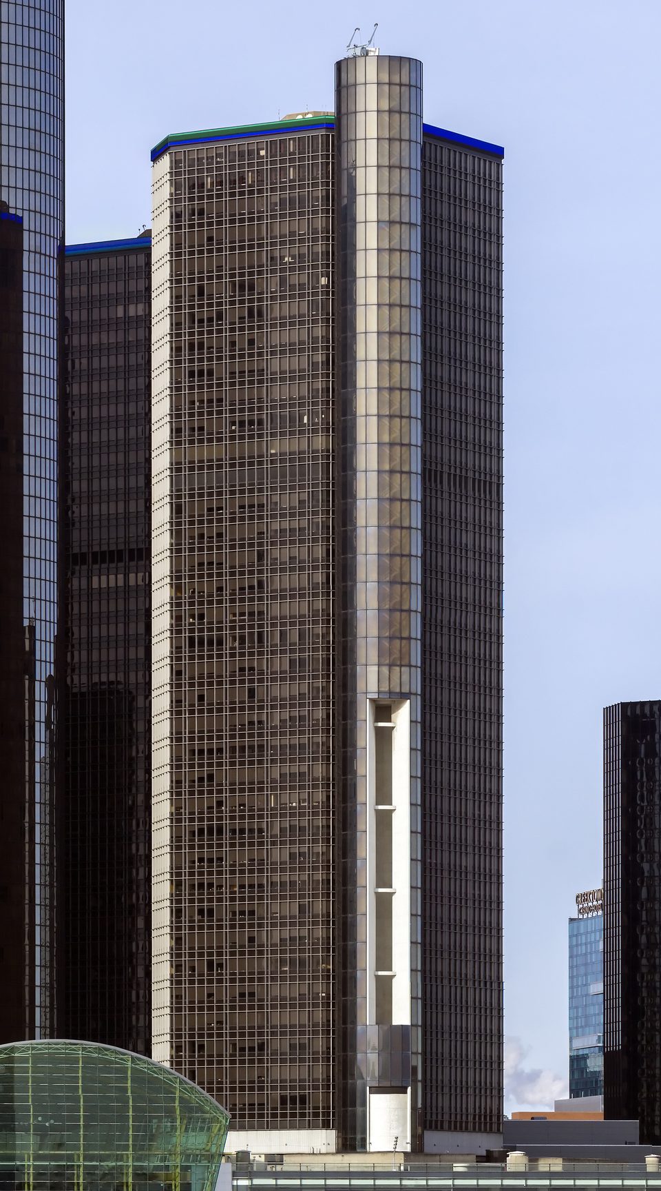 Tower 300 seen from the river, right (east) of the hotel cylinder and the Wintergarden: the other tower slated for demolition (2014)