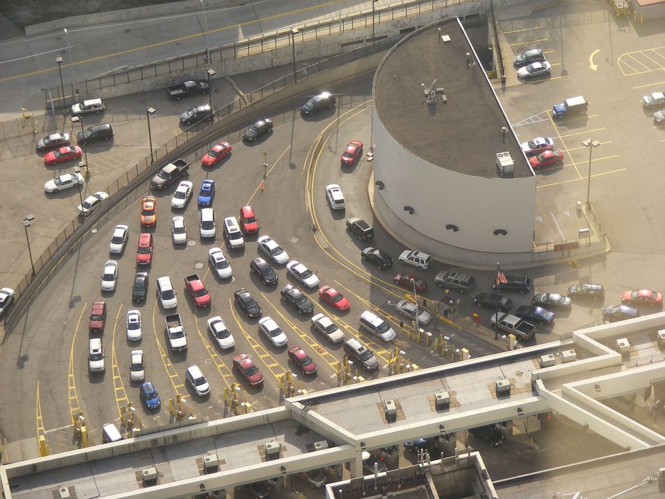 The line of cars at the Detroit-Windsor Tunnel, shot from the Renaissance Center’s 72nd floor