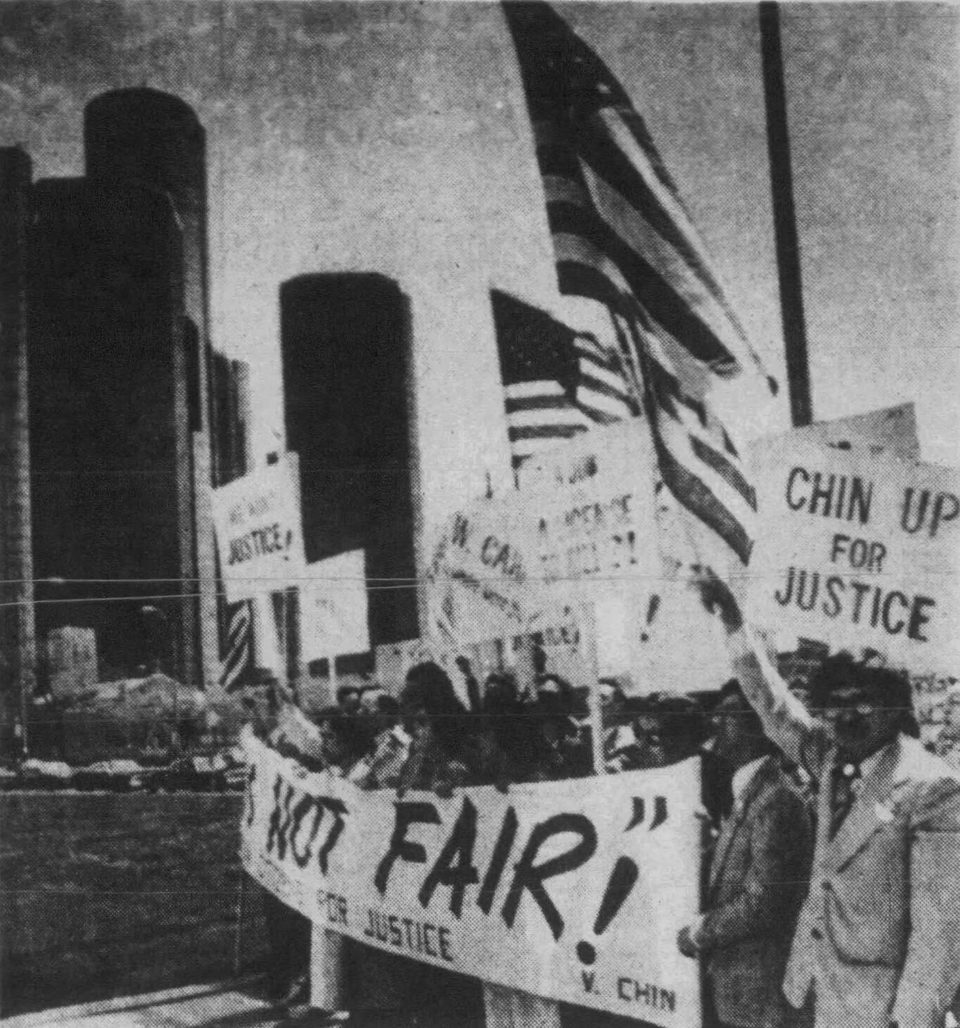 Marchers pass the Renaissance Center on May 9, 1983, protesting the light sentences given to Vincent Chin’s killers