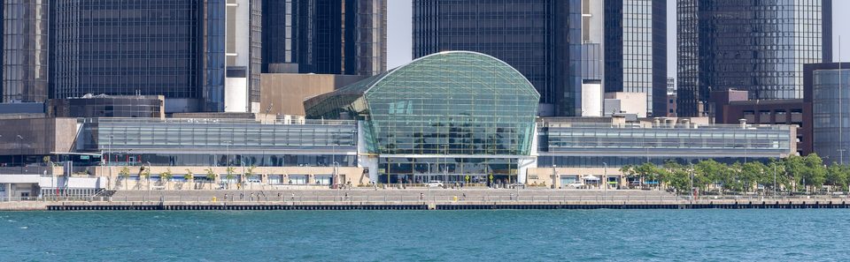The GM Wintergarden and the waterfront podium seen from across the Detroit River, July 2025