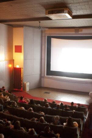 The small auditorium looking toward the screen, with the audience seated