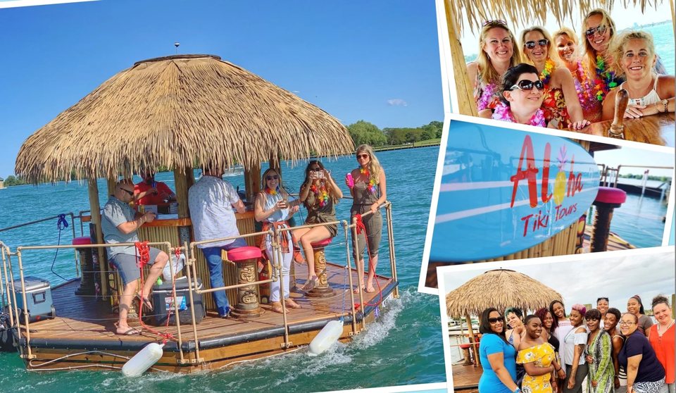The tiki bar boat cruises on the water with Detroit's skyline behind it, alongside photos of guests